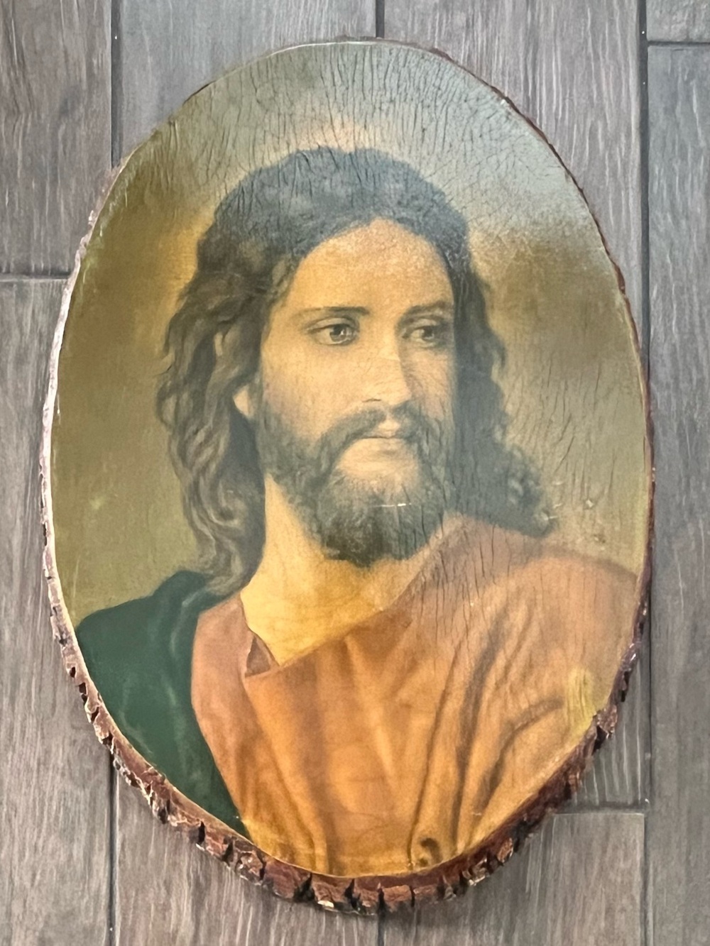 Vintage Decoupage Jesus Head of Christ Wood Slab Wall Hanging